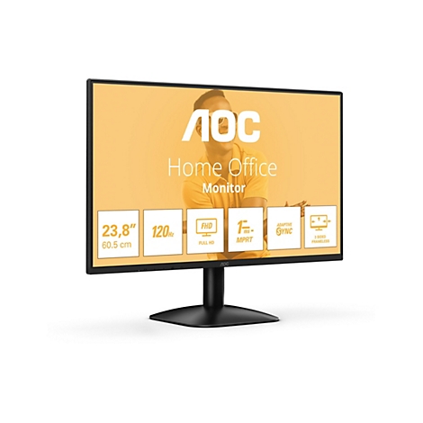 Un moniteur AOC noir sur fond blanc. L'écran affiche "Home Office Monitor" avec diverses spécifications en dessous.