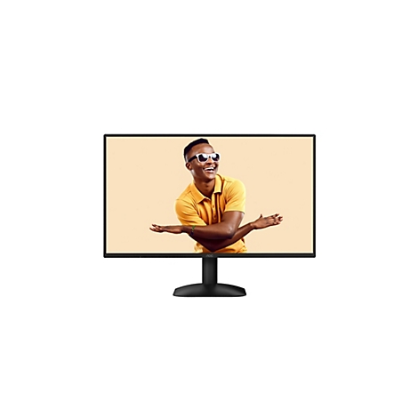 Ein schwarzer Monitor zeigt einen fröhlichen Mann mit Sonnenbrille und gelbem Shirt. Der Monitor hat den Schriftzug AOC.