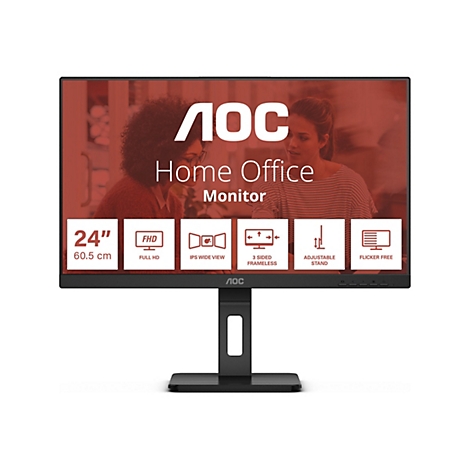 AOC 24 Zoll Home Office Monitor mit Symbolen für Full HD, IPS, rahmenloses Design, Standfuß und Flicker Free.