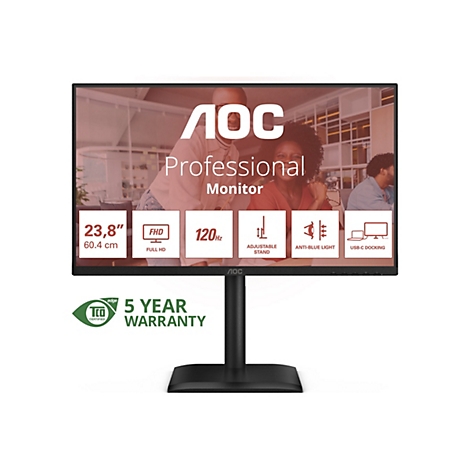 Schwarzer AOC-Monitor mit Branding und Produktmerkmalen. Auf dem Bildschirm sind Menschen zu sehen. Aufkleber zeigen Größen- und Leistungsmerkmale.