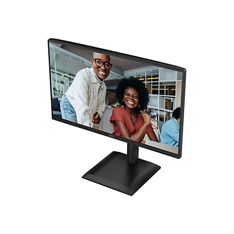 Ein schwarzer Computermonitor, der zwei lächelnde Frauen in einem Büro zeigt. Auf dem Bildschirm ist das Logo "AOC" zu sehen.