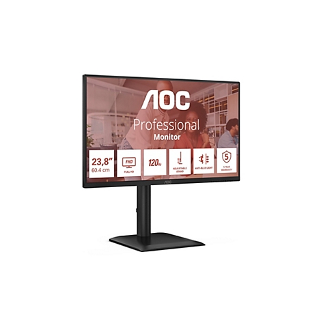 Schwarzer AOC-Monitor mit Details wie 23,8 Zoll, Full HD, 120 Hz, verstellbarem Ständer, Blaulichtfilter und 5 Jahren Garantie. Im Hintergrund sind Menschen bei der Arbeit zu sehen.