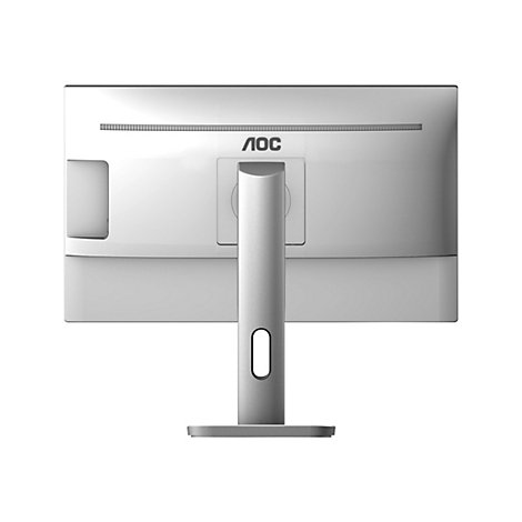 Rückansicht eines silbernen AOC-Monitors mit zentralem Standfuß auf weißem Hintergrund.