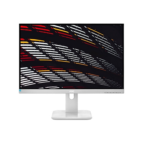 Silberner AOC-Monitor mit dünnem Rahmen vor weißem Hintergrund, zeigt abstraktes rot-weißes Muster auf dem Display.