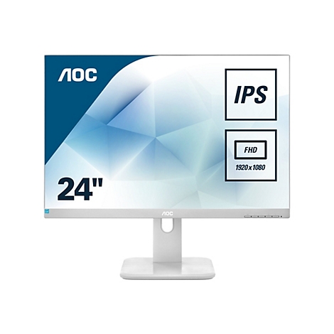 Weißer AOC 24-Zoll-Monitor mit IPS-Panel und FHD-Auflösung auf einem minimalistischen Standfuß vor weißem Hintergrund.