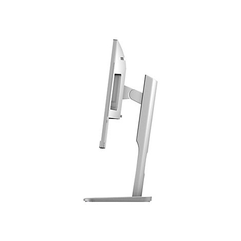 Seitliche Ansicht eines silbernen Computer-Monitors mit verstellbarem Standfuß vor weißem Hintergrund.