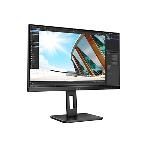 Ein schwarzer AOC-Monitor mit einem Architektur-Rendering auf dem Bildschirm. Der Monitor steht auf einem Schreibtisch.