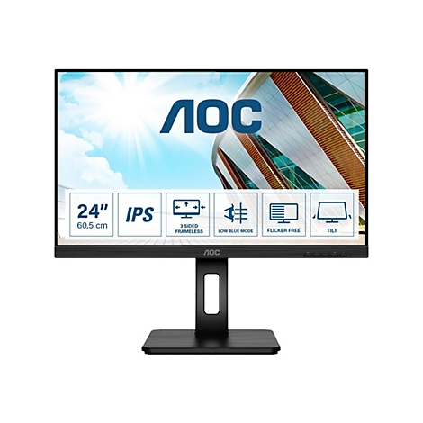 Schwarzer AOC Monitor mit schlankem Design, Logos und technischen Details. Bildschirm zeigt Himmel mit Wolken. Aufschrift: 24", IPS, Low Blue Mode, Flicker Free, Tilt.