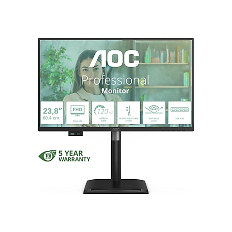 Un moniteur AOC noir avec du texte blanc. Le logo AOC et le texte "Professional Monitor" sont visibles sur l'écran. En dessous, on trouve divers icônes et textes, dont "23,8"", "FHD", "120 Hz" et "USB Hub".