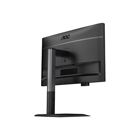 Der schwarze AOC-Monitor von hinten, auf weißem Hintergrund. Der Monitor ist an einem Standfuß befestigt.
