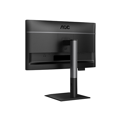 Rückansicht eines schwarzen AOC-Monitors mit Standfuß. Das AOC-Logo ist oben zentriert. Anschlüsse sind deutlich zu sehen.