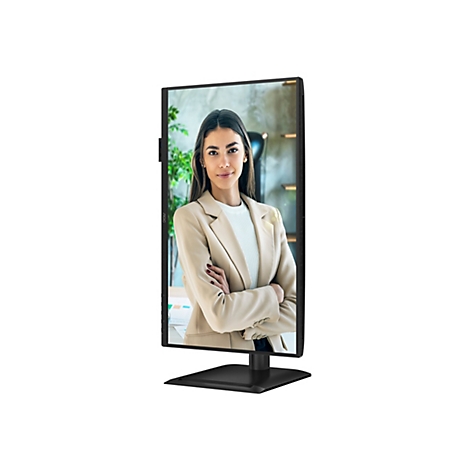 Ein Monitor zeigt eine Frau im Blazer, die die Arme verschränkt hat. Der Monitor steht vor weißem Hintergrund.