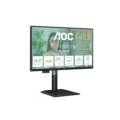 AOC Professional Monitor mit 23,8-Zoll-Bildschirm, FHD, 120 Hz Bildwiederholfrequenz, USB-Hub, 15W Stromversorgung und 5 Jahre Garantie. Auf dem Bildschirm ist ein Frauengesicht zu sehen.