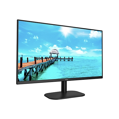 Moniteur montrant une jetée au-dessus de la mer turquoise sous un ciel bleu. Moniteur avec le logo AOC.