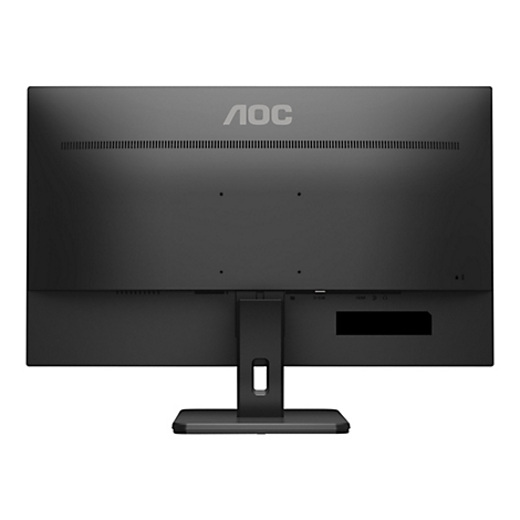 Rückseite eines schwarzen AOC Monitors mit Standfuß und sichtbaren Anschlüssen.