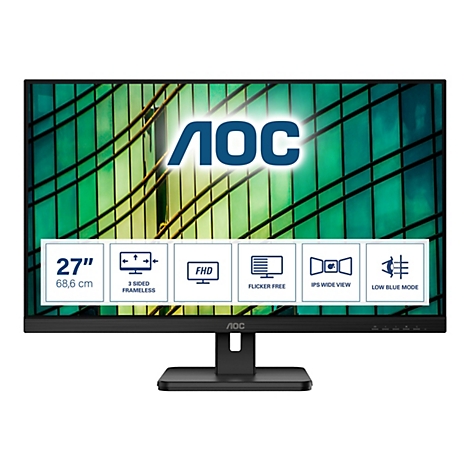 Schwarzer 27-Zoll-Monitor von AOC mit Infografik-Box zu technischen Merkmalen wie FHD und Low Blue Mode.