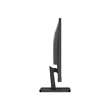 Seitenansicht eines schlanken, schwarzen Computer-Monitors auf einem Standfuß vor weißem Hintergrund.