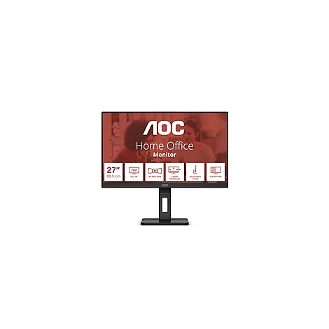 Schwarzer AOC Monitor mit weißem Schriftzug und Symbolen. Auf dem Monitorhintergrund sind zwei unscharfe Personen zu sehen.