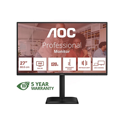 Schwarzer AOC-Monitor mit Details: 27 Zoll, FHD, 120Hz, verstellbarer Standfuß, Anti-Blaulicht, USB-C-Docking. Logo, Schriftzug.