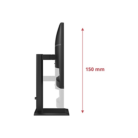 Seitenansicht eines schwarzen Monitors mit Standfuß. Ein roter Pfeil mit der Aufschrift „150 mm“ zeigt die ungefähre Höhe an.