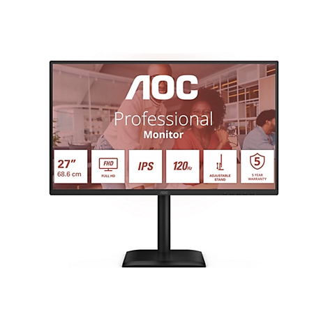 Moniteur AOC Professional avec écran 27 pouces, FHD, IPS, 120Hz, support réglable et garantie de 5 ans.
