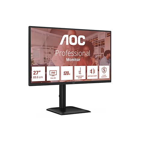 Schwarzer AOC-Monitor mit "Professional Monitor"-Logo, der eine Frau zeigt. Er hat die Aufschrift "27 Zoll", "FHD", "120Hz", "verstellbarer Standfuß", "Anti-Blaulicht" und "5 Jahre Garantie".