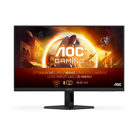 Moniteur de jeu AOC noir avec un fond d'écran fantastique. L'écran affiche les spécifications techniques.