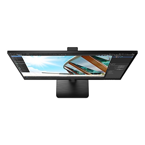 Draufsicht auf einen schwarzen AOC Monitor mit moderner Benutzeroberfläche und Architektur-Software auf dem Display.