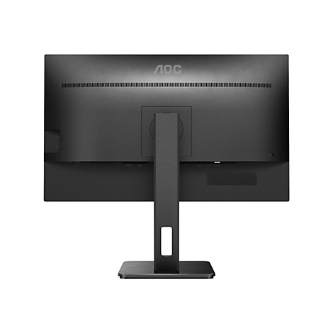 Rückseite eines schwarzen AOC Monitors mit Standfuß vor weißem Hintergrund.