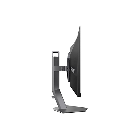 Seitenansicht eines modernen schwarzen Gaming-Monitors auf einem stabilen, grauen Ständer vor weißem Hintergrund.