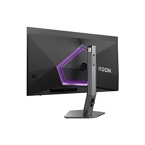Rückseite eines schwarzen Agon Gaming-Monitors mit kantigem Design, lila Lichtakzent und stabilem Standfuß.