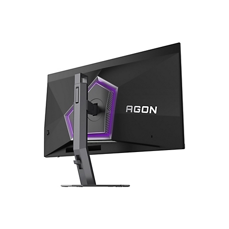 Rückansicht eines schwarzen Agon Gaming-Monitors mit violettem Lichtring auf einem stabilen Standfuß.