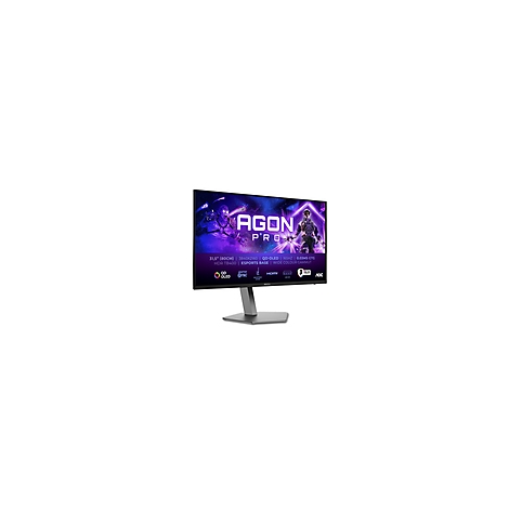 Ein AOC Agon Pro-Gaming-Monitor mit einem lila/blauen Hintergrund, der einen Mann mit einer Waffe darstellt, mit dem Logo Agon Pro in Weiß. Unten sind Produktmerkmale aufgelistet.