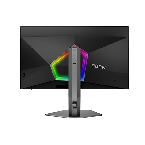 Vue arrière d'un moniteur de jeu noir. Un effet de lumière colorée encadre le centre. Le logo AGON est visible.