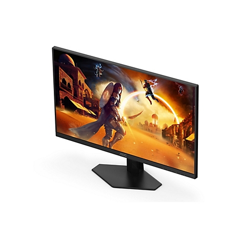 AOC Monitor zeigt eine Computerspielszene mit Kriegerfiguren in einer Wüstenlandschaft.