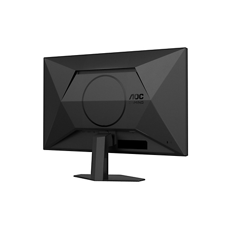 Schwarzer Gaming Monitor, Rückseite. AOC Gaming Logo, verschiedene Anschlüsse und ein geometrisches Design.