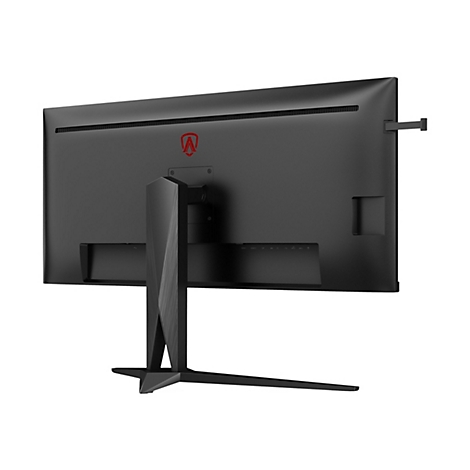 Rückansicht eines schwarzen Gaming-Monitors auf weißem Hintergrund. Sichtbar sind Logo, Anschlüsse, Halterung und Standfuß.