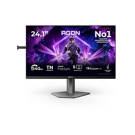 Gaming-Monitor mit 24,1 Zoll, 540 Hz und lila Cyberpunk-Grafik auf dem Display.