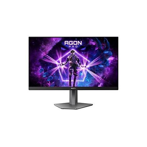 Gaming-Monitor Agon Pro mit violettem Hintergrundbild einer futuristischen Spielfigur auf einem Standfuß.