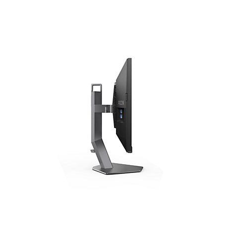 Seitliche Ansicht eines schwarzen Agon Gaming-Monitors auf einem grauen Standfuß vor weißem Hintergrund.