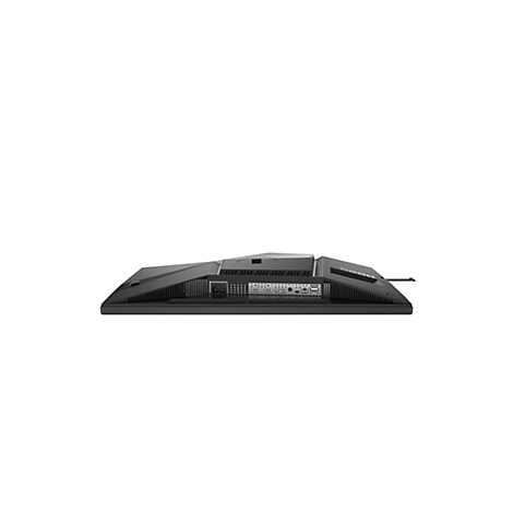 Rückseite eines schwarzen Gaming-Monitors mit verschiedenen Anschlussmöglichkeiten vor weißem Hintergrund.