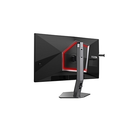 Der schwarze Gaming-Monitor ist von hinten abgebildet. Das Display ist mit einem roten Licht versehen, das an den Rändern zu sehen ist. Der Monitor hat einen silberfarbenen Standfuß mit dem Schriftzug AGON.