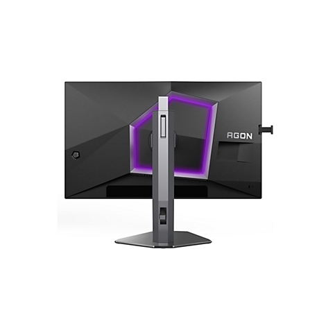 Rückansicht eines schwarzen Gaming-Monitors mit neonfarbenem, rechteckigem Design und dem Schriftzug AGON. Ein grauer Standfuß stützt den Monitor.