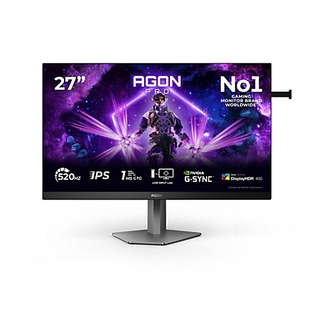 27-Zoll Agon Pro Gaming-Monitor mit futuristischem Weltraum-Hintergrundbild und technischen Spezifikations-Icons.