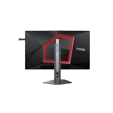 Rückseite eines schwarzen Agon Gaming-Monitors mit markanter roter LED-Beleuchtung auf einem Standfuß.