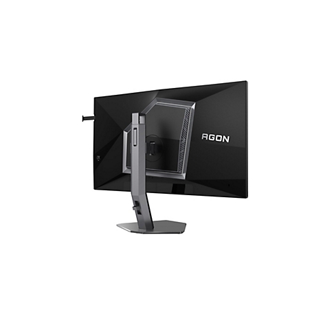 Rückansicht eines schwarzen AGON Gaming-Monitors auf einem silbernen Ständer vor weißem Hintergrund.