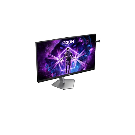 Gaming-Monitor mit silbernem Standfuß und AGON PRO Logo, Anzeige zeigt eine futuristische Spielfigur.
