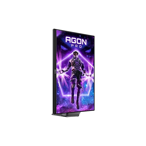 AGON PRO Gaming-Monitor im Hochformat mit einer leuchtenden violetten Fantasy-Figur auf dem Display.