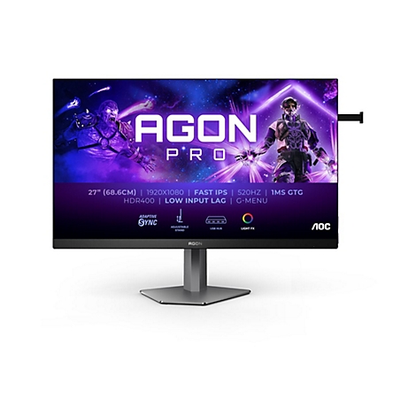 Ein schwarzer AGON PRO Gaming Monitor mit Spieleanzeige. Darunter technische Spezifikationen und Logos.