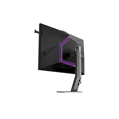 Rückansicht eines Gaming-Monitors mit lila LED-Akzenten und einem verstellbaren Standfuß vor weißem Hintergrund.